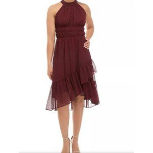 Size 14 NEW BURGUNDY HALTER NECK CLIP DOT TIERED DRESS Wedding Special Event NWT